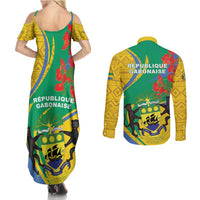 Gabon Independence Day Couples Matching Summer Maxi Dress and Long Sleeve Button Shirt Gabonaise Flamboyant African Pattern - Wonder Print Shop