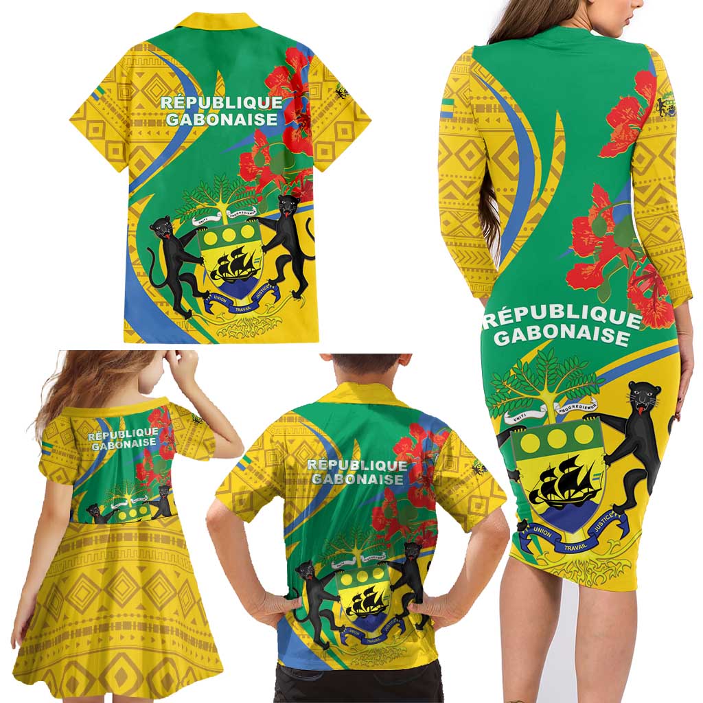 Gabon Independence Day Family Matching Long Sleeve Bodycon Dress and Hawaiian Shirt Gabonaise Flamboyant African Pattern - Wonder Print Shop
