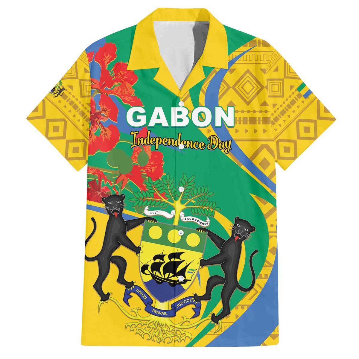 Gabon Independence Day Family Matching Off Shoulder Short Dress and Hawaiian Shirt Gabonaise Flamboyant African Pattern - Wonder Print Shop