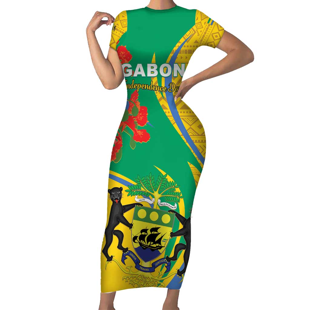 Gabon Independence Day Family Matching Short Sleeve Bodycon Dress and Hawaiian Shirt Gabonaise Flamboyant African Pattern - Wonder Print Shop