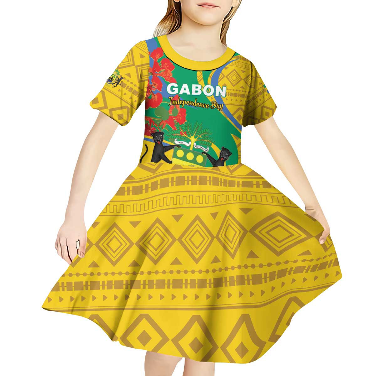 Gabon Independence Day Kid Short Sleeve Dress Gabonaise Flamboyant African Pattern - Wonder Print Shop