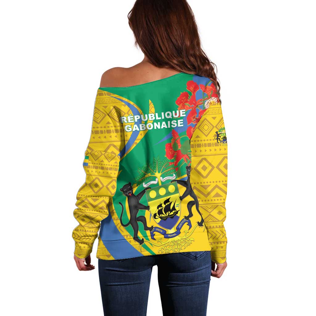 Gabon Independence Day Off Shoulder Sweater Gabonaise Flamboyant African Pattern - Wonder Print Shop