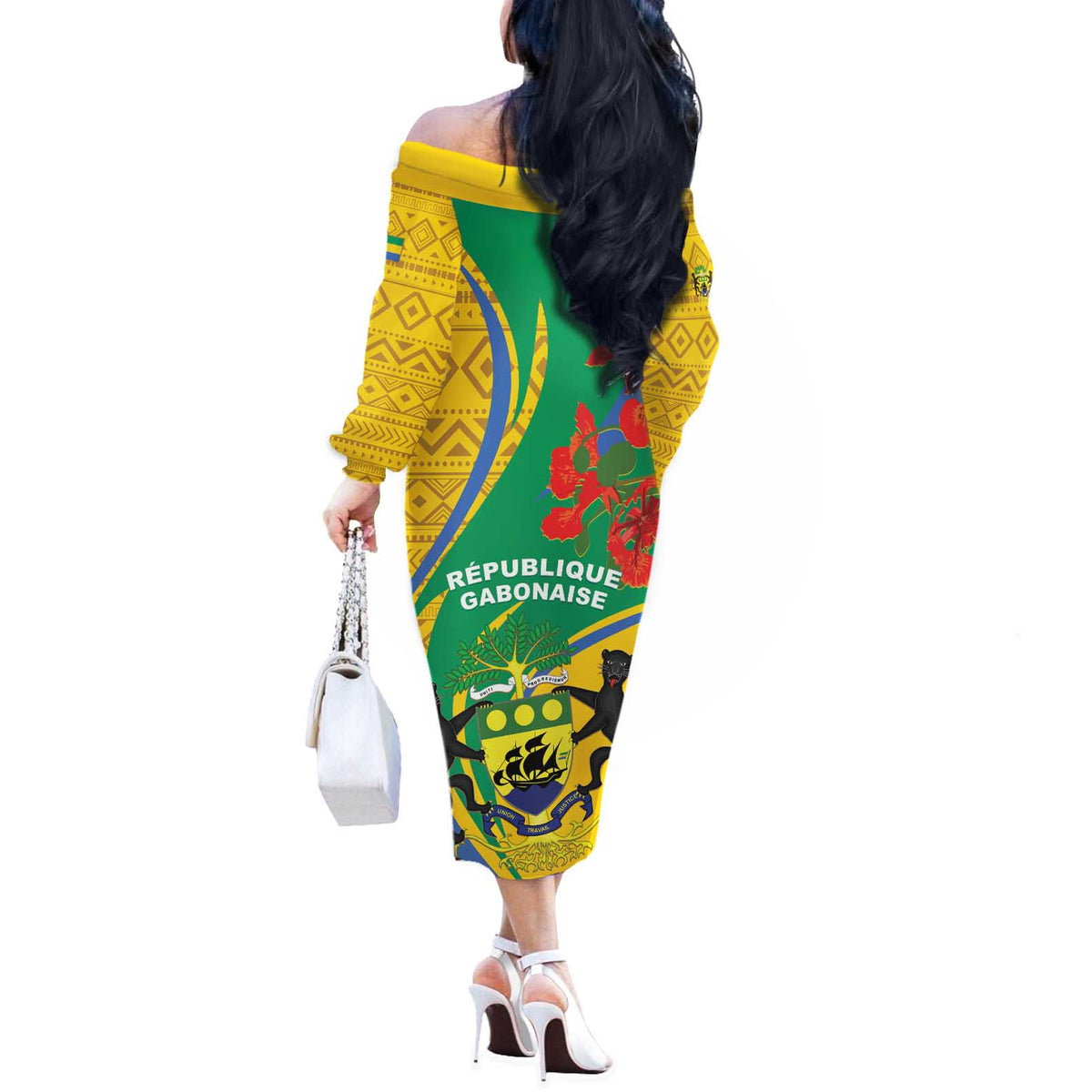Gabon Independence Day Off The Shoulder Long Sleeve Dress Gabonaise Flamboyant African Pattern - Wonder Print Shop