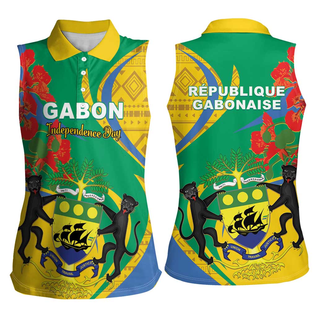 Gabon Independence Day Women Sleeveless Polo Shirt Gabonaise Flamboyant African Pattern - Wonder Print Shop