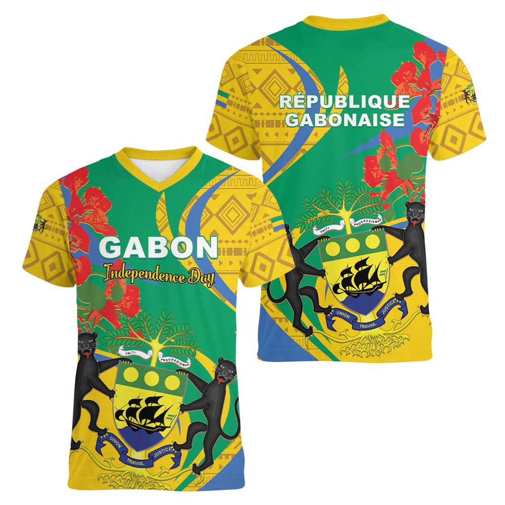 Gabon Independence Day Women V-Neck T-Shirt Gabonaise Flamboyant African Pattern - Wonder Print Shop