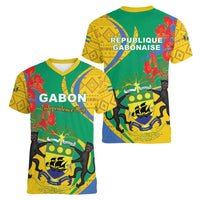 Gabon Independence Day Women V-Neck T-Shirt Gabonaise Flamboyant African Pattern - Wonder Print Shop