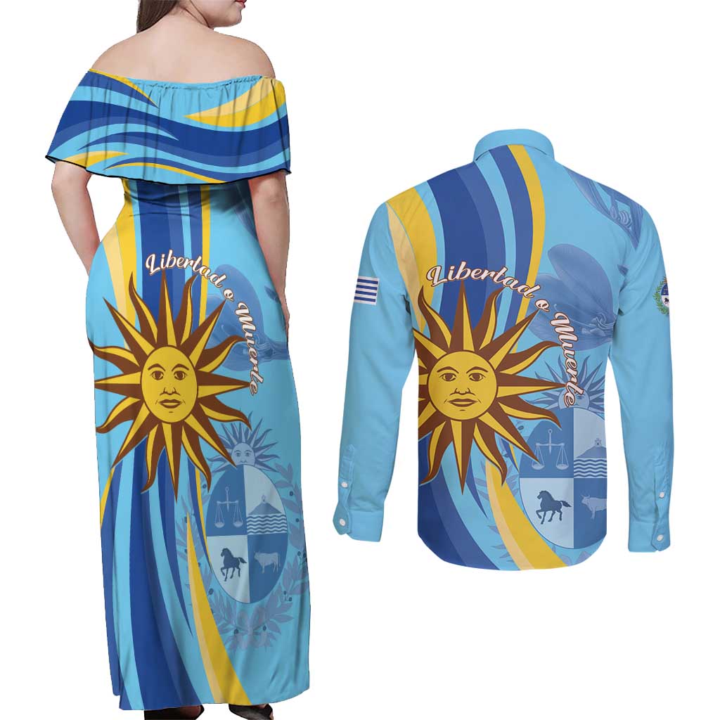Uruguay Independence Day Couples Matching Off Shoulder Maxi Dress and Long Sleeve Button Shirt Sol de Mayo Erythrina Crista Galli - Wonder Print Shop