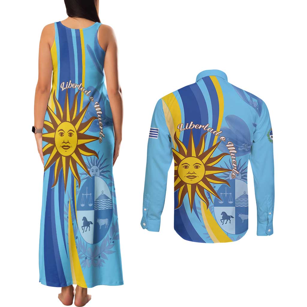 Uruguay Independence Day Couples Matching Tank Maxi Dress and Long Sleeve Button Shirt Sol de Mayo Erythrina Crista Galli - Wonder Print Shop