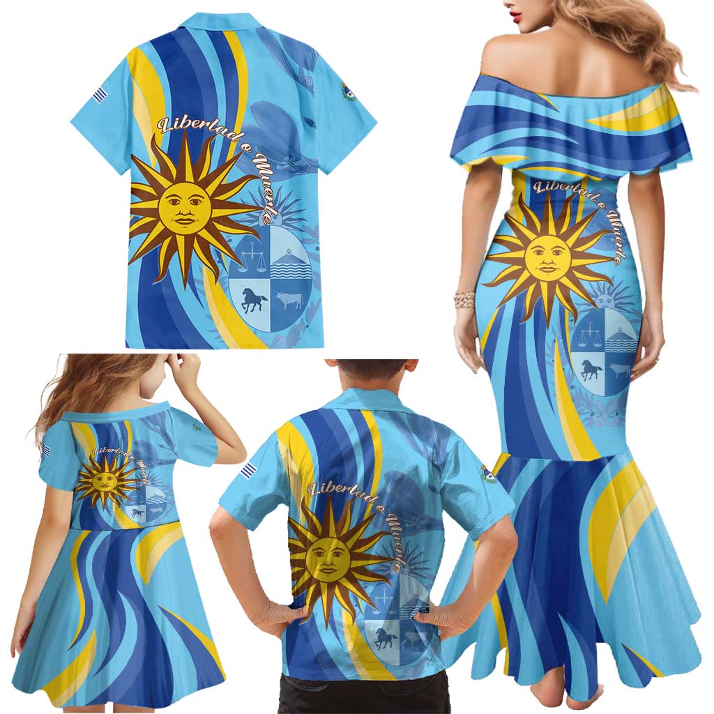 Uruguay Independence Day Family Matching Mermaid Dress and Hawaiian Shirt Sol de Mayo Erythrina Crista Galli - Wonder Print Shop