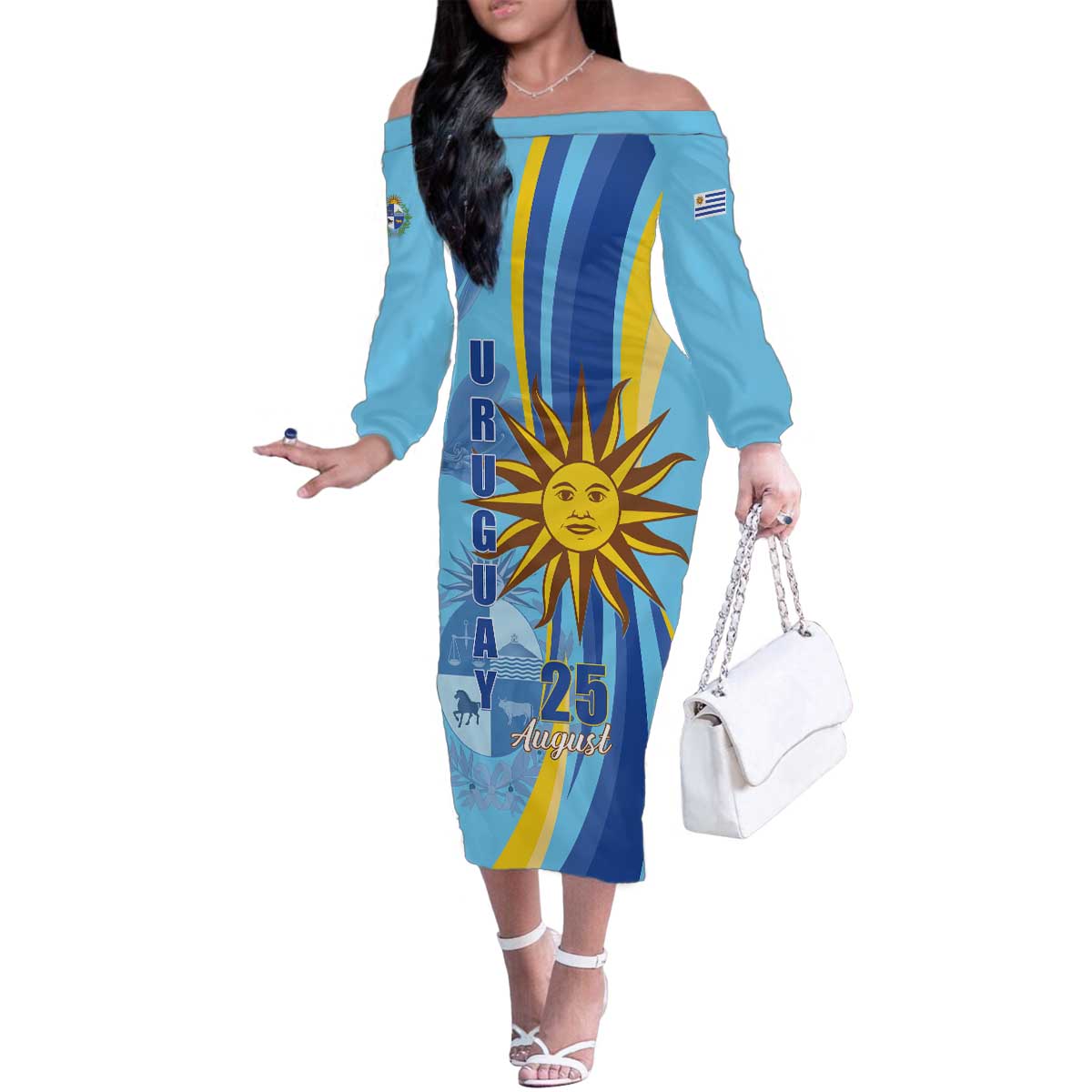 Uruguay Independence Day Family Matching Off The Shoulder Long Sleeve Dress and Hawaiian Shirt Sol de Mayo Erythrina Crista Galli - Wonder Print Shop