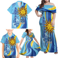 Uruguay Independence Day Family Matching Off Shoulder Maxi Dress and Hawaiian Shirt Sol de Mayo Erythrina Crista Galli - Wonder Print Shop