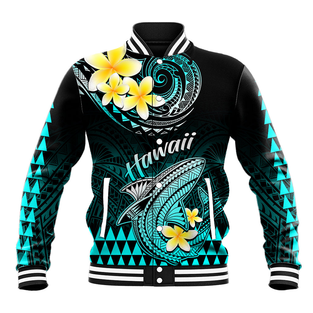 Hawaii Baseball Jacket Polynesian Shark with Kakau Turquoise Version - Wonder Print Shop