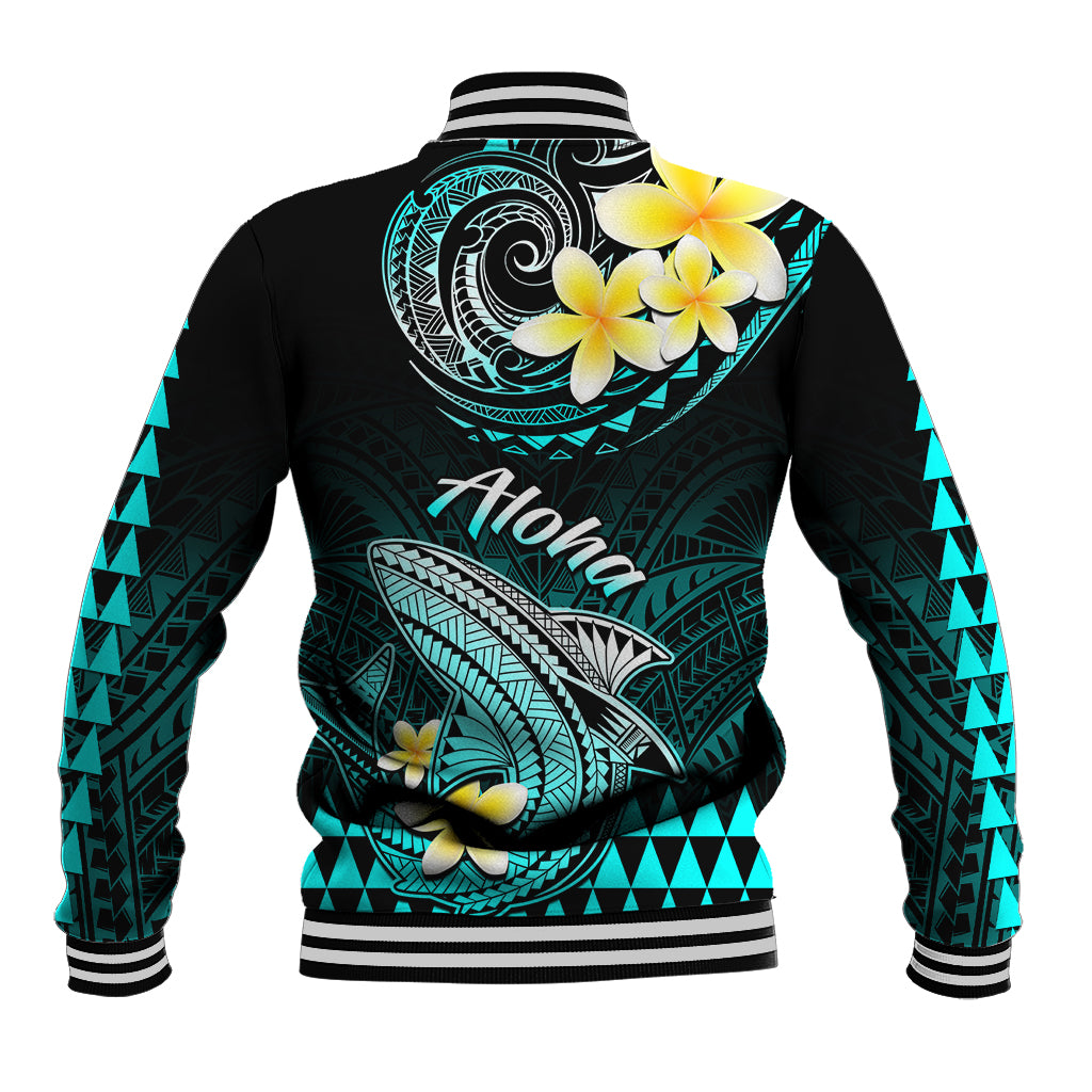 Hawaii Baseball Jacket Polynesian Shark with Kakau Turquoise Version - Wonder Print Shop