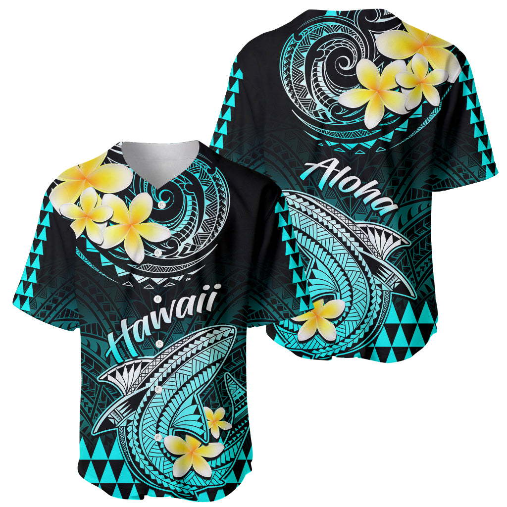 Hawaii Baseball Jersey Polynesian Shark with Kakau Turquoise Version - Wonder Print Shop