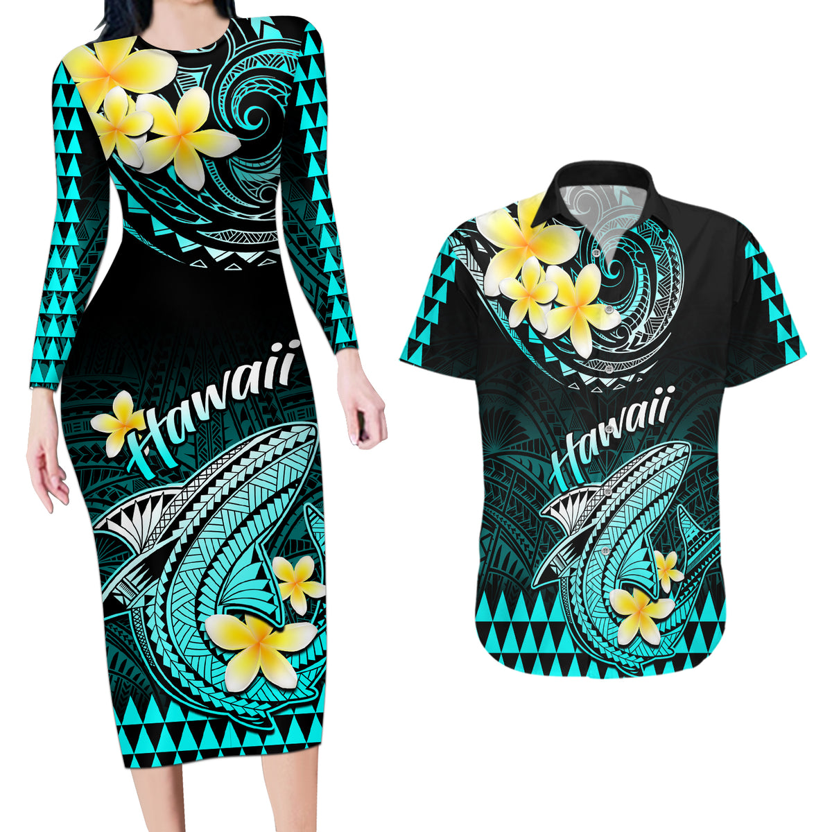 Hawaii Couples Matching Long Sleeve Bodycon Dress and Hawaiian Shirt Polynesian Shark with Kakau Turquoise Version - Wonder Print Shop