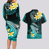 Hawaii Couples Matching Long Sleeve Bodycon Dress and Hawaiian Shirt Polynesian Shark with Kakau Turquoise Version - Wonder Print Shop
