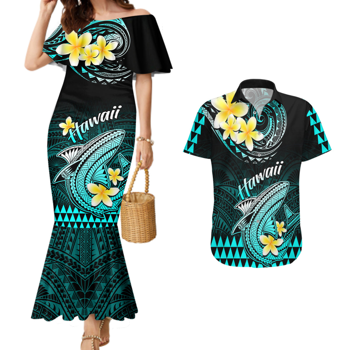 Hawaii Couples Matching Mermaid Dress and Hawaiian Shirt Polynesian Shark with Kakau Turquoise Version - Wonder Print Shop