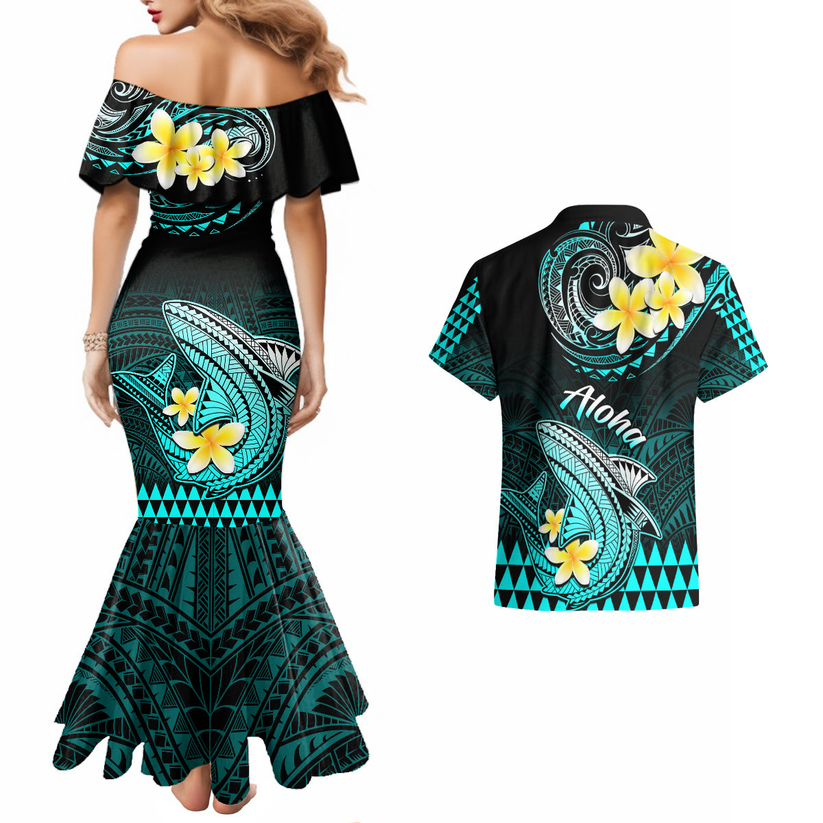 Hawaii Couples Matching Mermaid Dress and Hawaiian Shirt Polynesian Shark with Kakau Turquoise Version - Wonder Print Shop