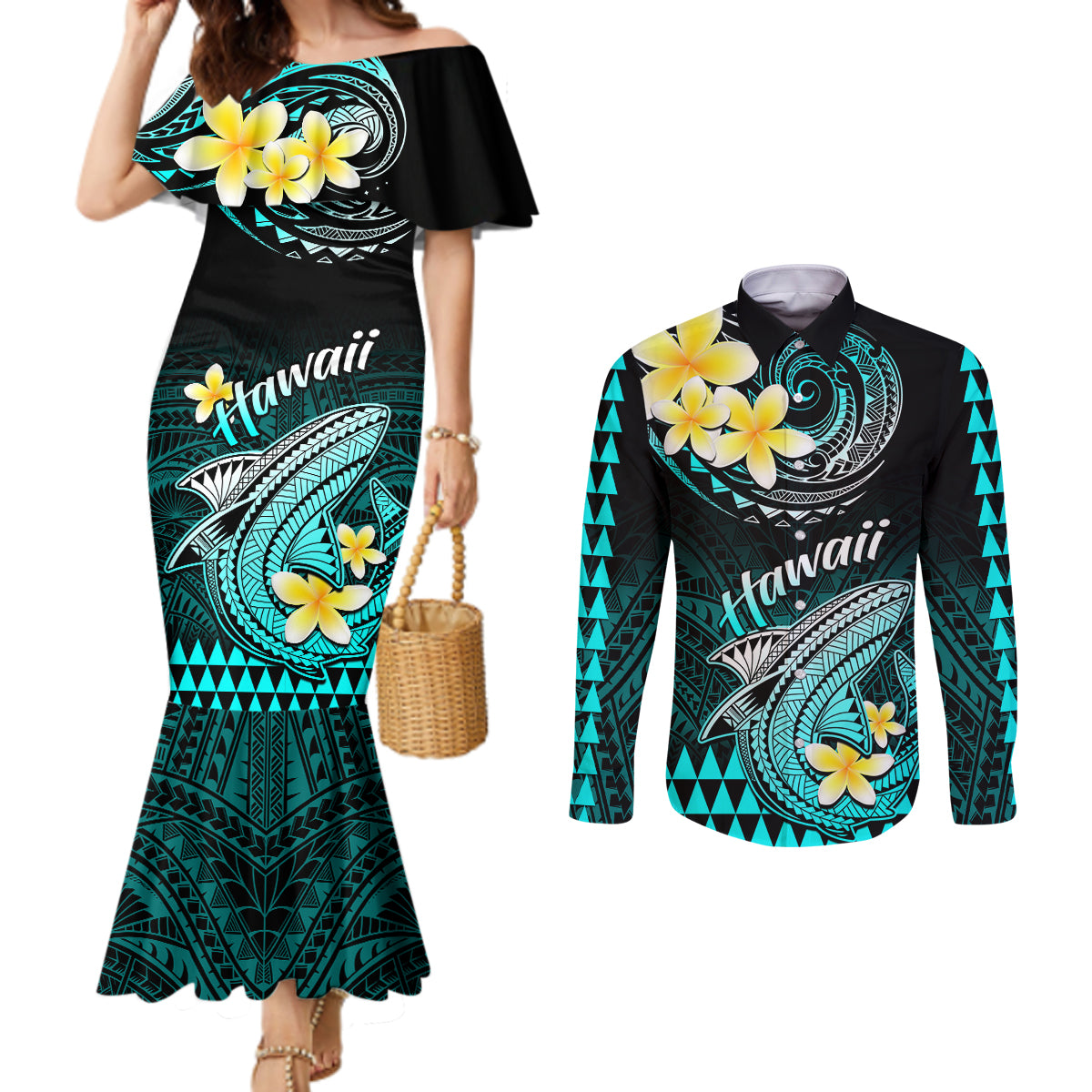 hawaii-couples-matching-mermaid-dress-and-long-sleeve-button-shirts-polynesian-shark-with-kakau-turquoise-version