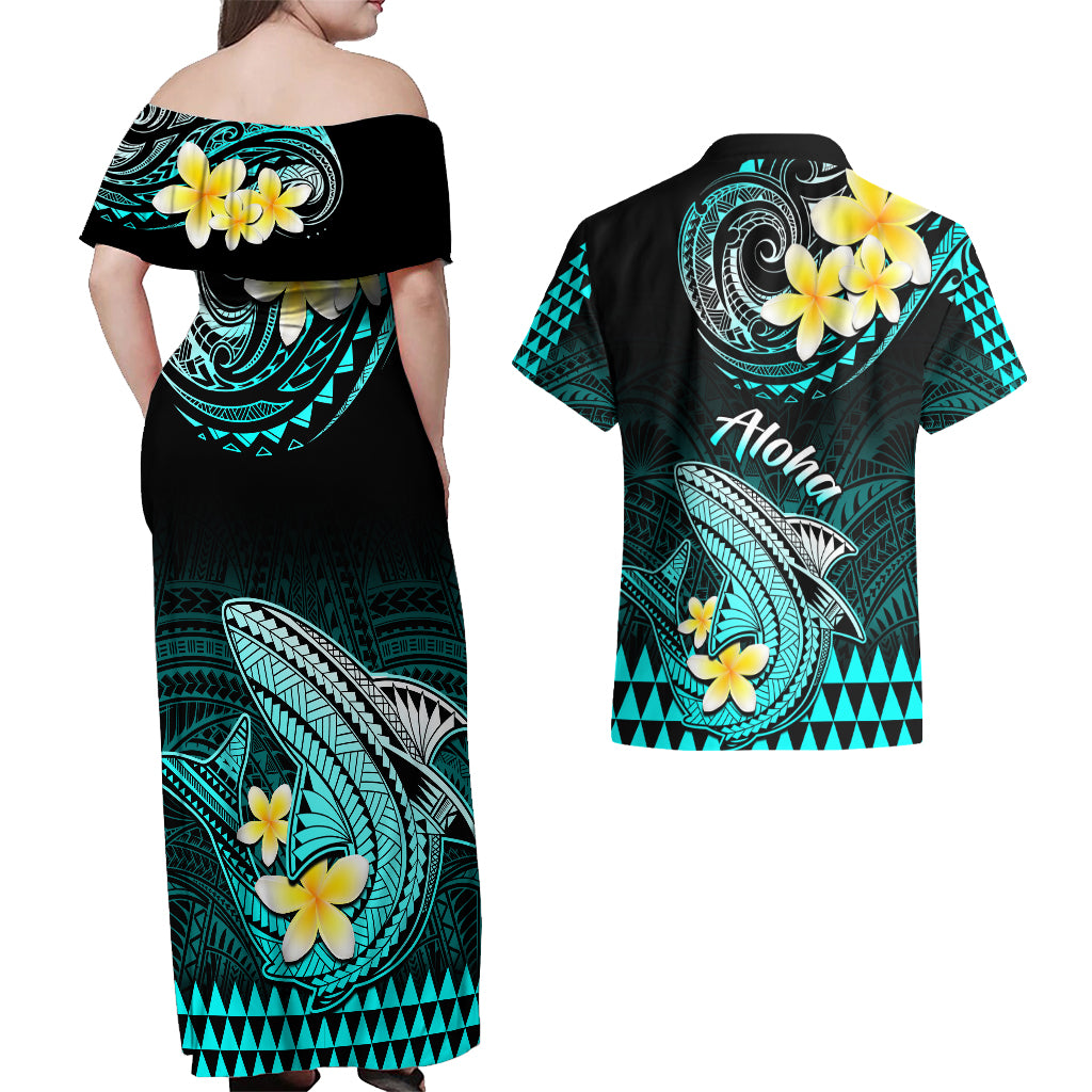 Hawaii Couples Matching Off Shoulder Maxi Dress and Hawaiian Shirt Polynesian Shark with Kakau Turquoise Version - Wonder Print Shop