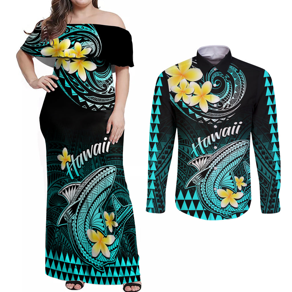 Hawaii Couples Matching Off Shoulder Maxi Dress and Long Sleeve Button Shirts Polynesian Shark with Kakau Turquoise Version - Wonder Print Shop