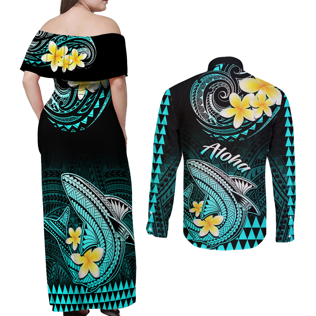 Hawaii Couples Matching Off Shoulder Maxi Dress and Long Sleeve Button Shirts Polynesian Shark with Kakau Turquoise Version - Wonder Print Shop