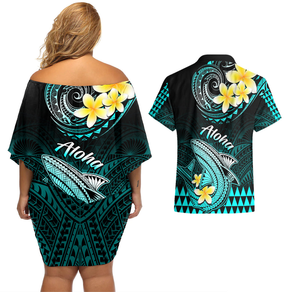 Hawaii Couples Matching Off Shoulder Short Dress and Hawaiian Shirt Polynesian Shark with Kakau Turquoise Version - Wonder Print Shop