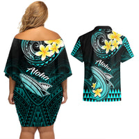 Hawaii Couples Matching Off Shoulder Short Dress and Hawaiian Shirt Polynesian Shark with Kakau Turquoise Version - Wonder Print Shop