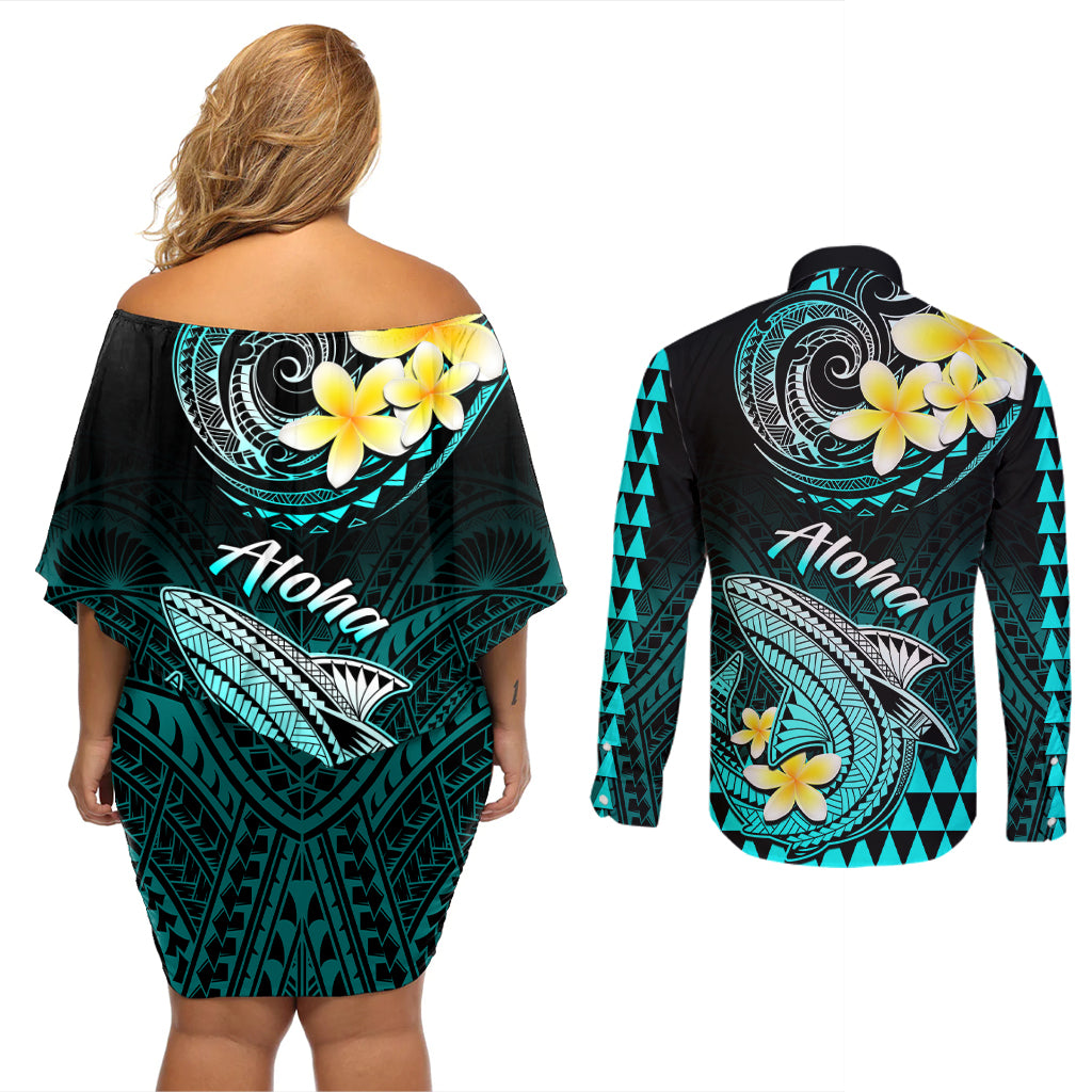 Hawaii Couples Matching Off Shoulder Short Dress and Long Sleeve Button Shirts Polynesian Shark with Kakau Turquoise Version - Wonder Print Shop