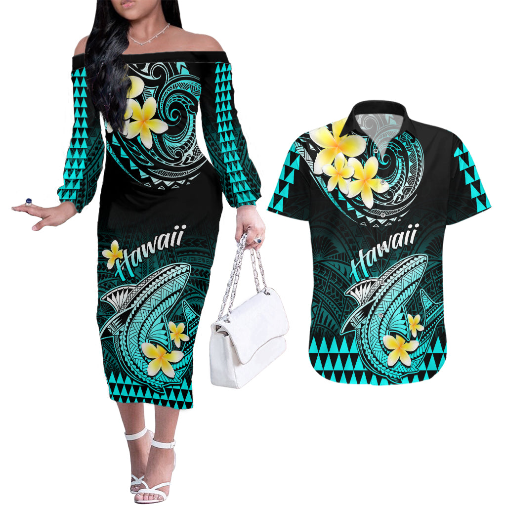 Hawaii Couples Matching Off The Shoulder Long Sleeve Dress and Hawaiian Shirt Polynesian Shark with Kakau Turquoise Version - Wonder Print Shop