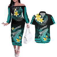 Hawaii Couples Matching Off The Shoulder Long Sleeve Dress and Hawaiian Shirt Polynesian Shark with Kakau Turquoise Version - Wonder Print Shop
