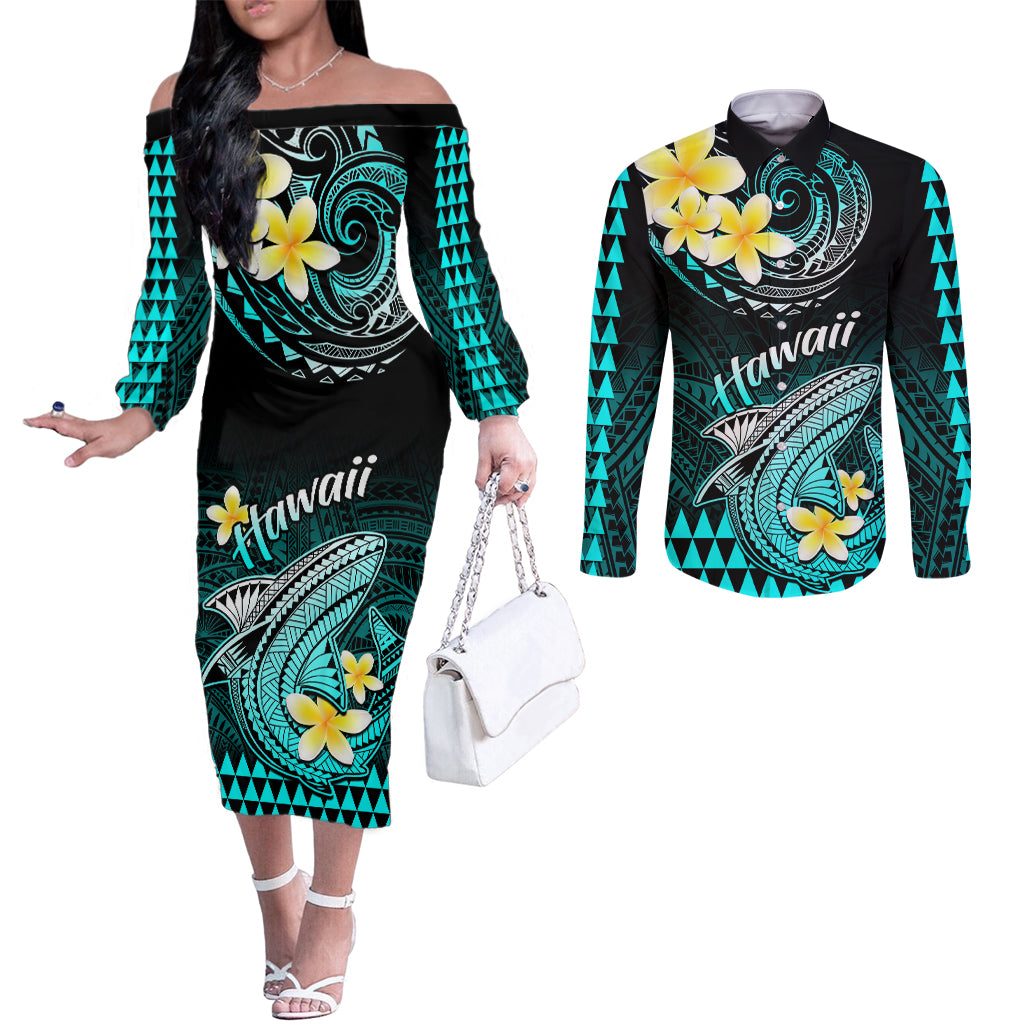 hawaii-couples-matching-off-the-shoulder-long-sleeve-dress-and-long-sleeve-button-shirts-polynesian-shark-with-kakau-turquoise-version