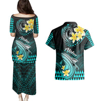 Hawaii Couples Matching Puletasi Dress and Hawaiian Shirt Polynesian Shark with Kakau Turquoise Version - Wonder Print Shop