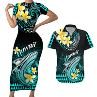 Hawaii Couples Matching Short Sleeve Bodycon Dress and Hawaiian Shirt Polynesian Shark with Kakau Turquoise Version - Wonder Print Shop