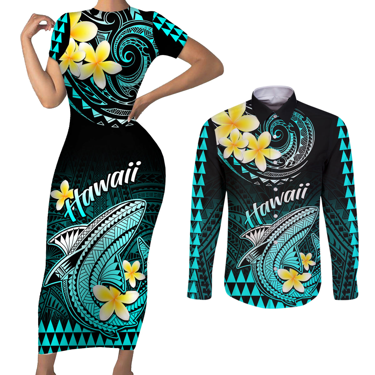 Hawaii Couples Matching Short Sleeve Bodycon Dress and Long Sleeve Button Shirts Polynesian Shark with Kakau Turquoise Version - Wonder Print Shop