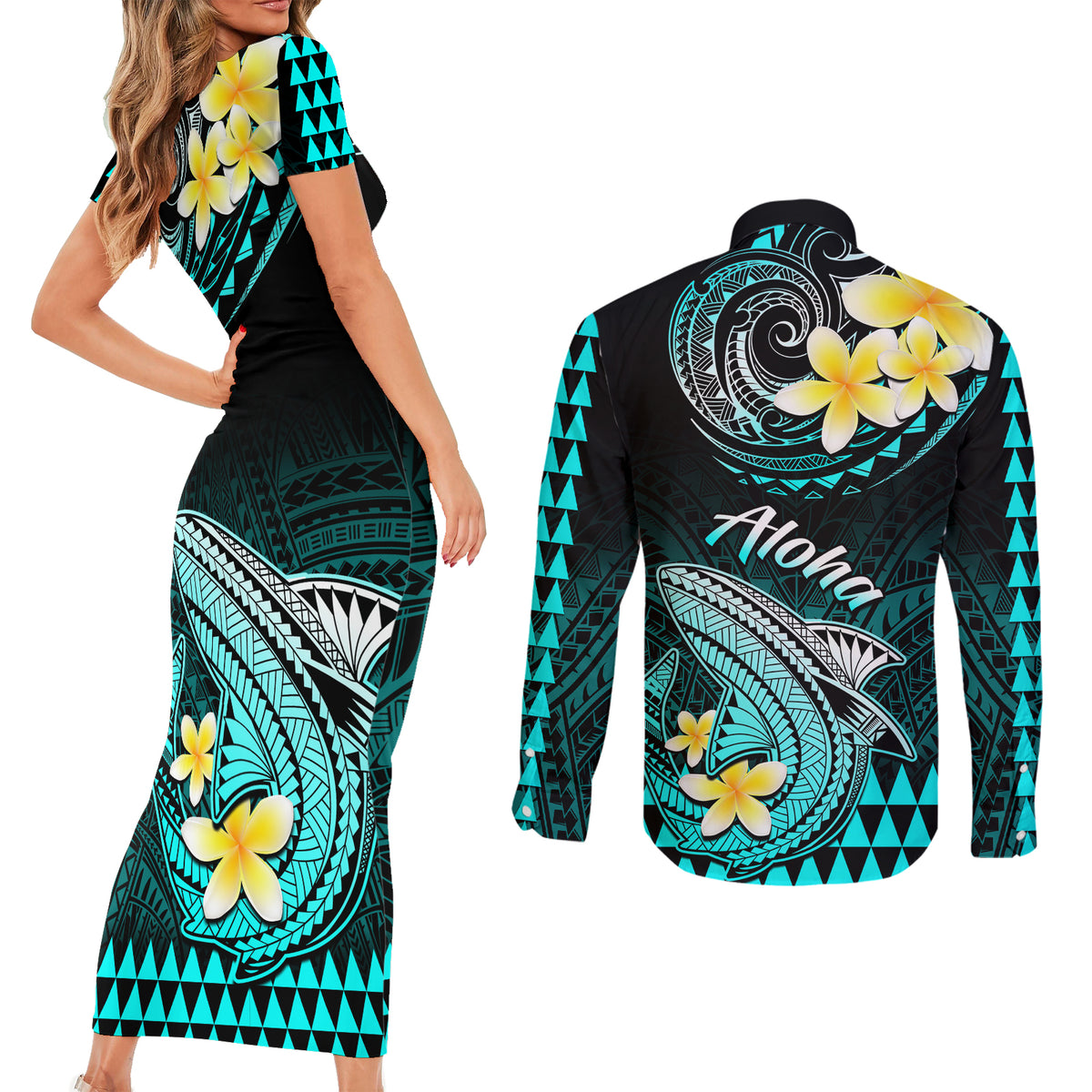 Hawaii Couples Matching Short Sleeve Bodycon Dress and Long Sleeve Button Shirts Polynesian Shark with Kakau Turquoise Version - Wonder Print Shop