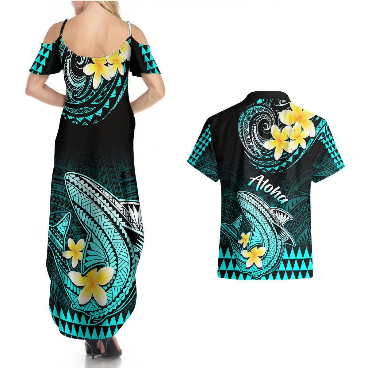 Hawaii Couples Matching Summer Maxi Dress and Hawaiian Shirt Polynesian Shark with Kakau Turquoise Version - Wonder Print Shop