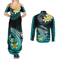Hawaii Couples Matching Summer Maxi Dress and Long Sleeve Button Shirts Polynesian Shark with Kakau Turquoise Version - Wonder Print Shop
