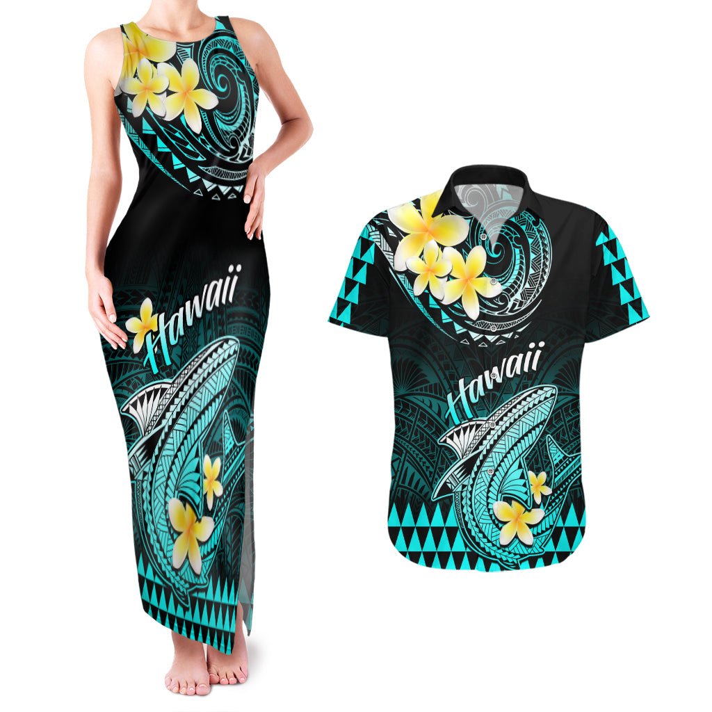 Hawaii Couples Matching Tank Maxi Dress and Hawaiian Shirt Polynesian Shark with Kakau Turquoise Version - Wonder Print Shop