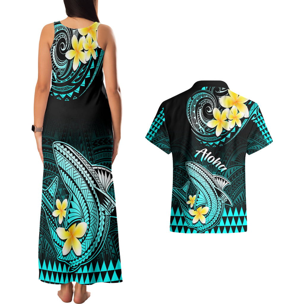Hawaii Couples Matching Tank Maxi Dress and Hawaiian Shirt Polynesian Shark with Kakau Turquoise Version - Wonder Print Shop