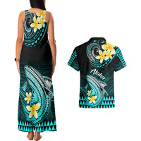 Hawaii Couples Matching Tank Maxi Dress and Hawaiian Shirt Polynesian Shark with Kakau Turquoise Version - Wonder Print Shop