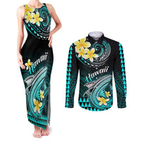 Hawaii Couples Matching Tank Maxi Dress and Long Sleeve Button Shirts Polynesian Shark with Kakau Turquoise Version - Wonder Print Shop