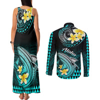 Hawaii Couples Matching Tank Maxi Dress and Long Sleeve Button Shirts Polynesian Shark with Kakau Turquoise Version - Wonder Print Shop