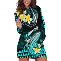 Hawaii Hoodie Dress Polynesian Shark with Kakau Turquoise Version - Wonder Print Shop