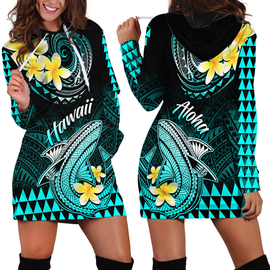 Hawaii Hoodie Dress Polynesian Shark with Kakau Turquoise Version - Wonder Print Shop