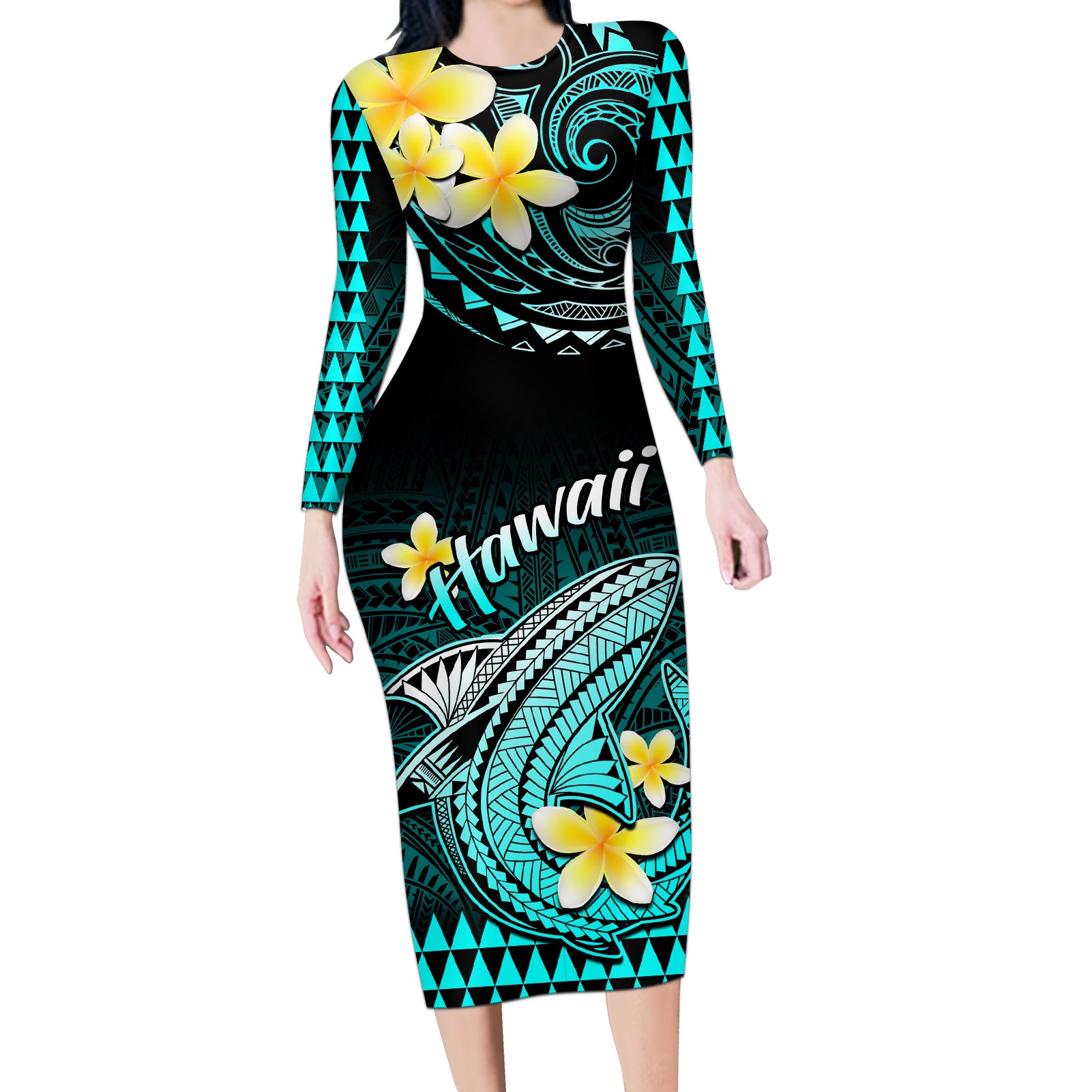 Hawaii Long Sleeve Bodycon Dress Polynesian Shark with Kakau Turquoise Version - Wonder Print Shop