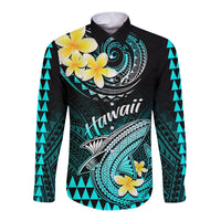 Hawaii Long Sleeve Button Shirt Polynesian Shark with Kakau Turquoise Version - Wonder Print Shop