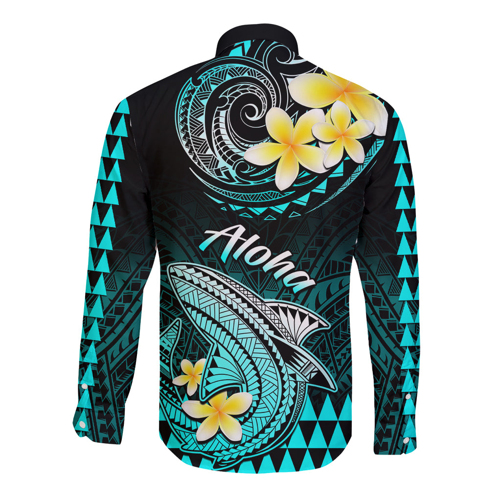 Hawaii Long Sleeve Button Shirt Polynesian Shark with Kakau Turquoise Version - Wonder Print Shop