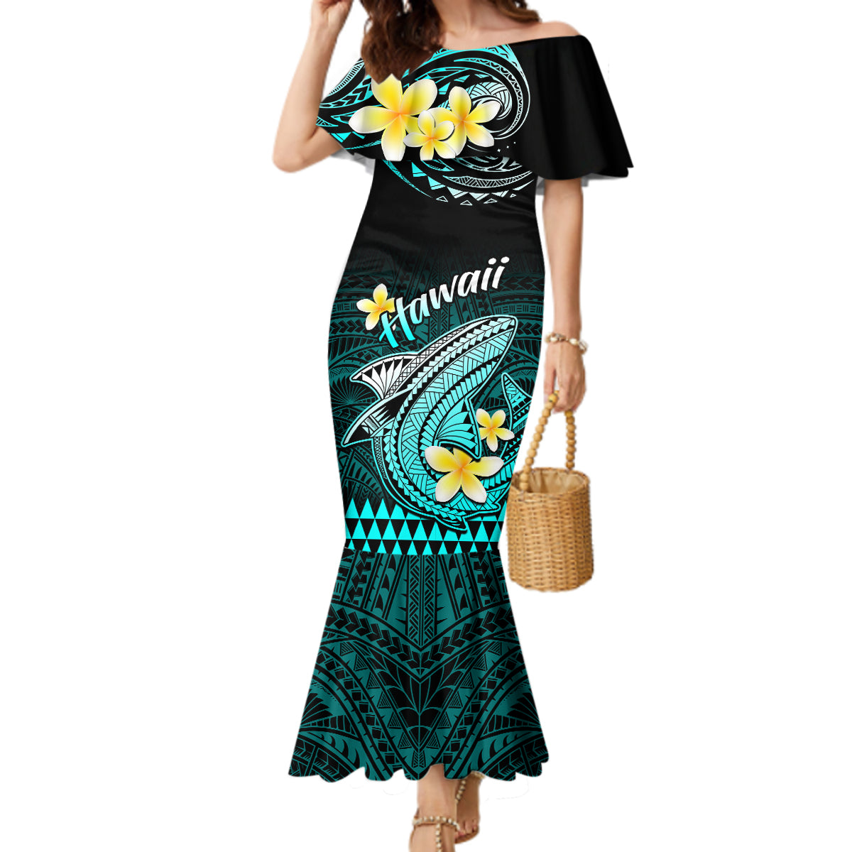 Hawaii Mermaid Dress Polynesian Shark with Kakau Turquoise Version - Wonder Print Shop