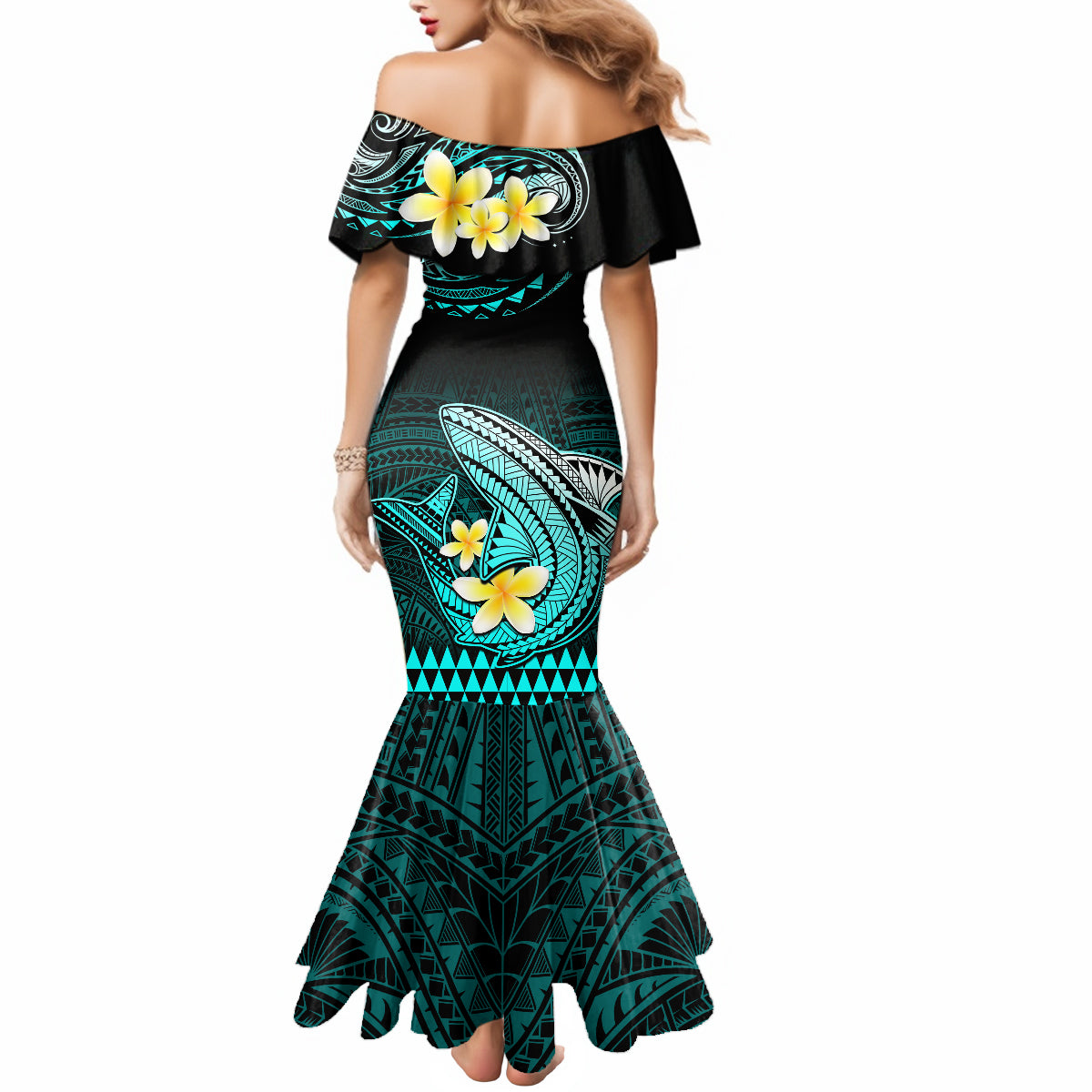 Hawaii Mermaid Dress Polynesian Shark with Kakau Turquoise Version - Wonder Print Shop